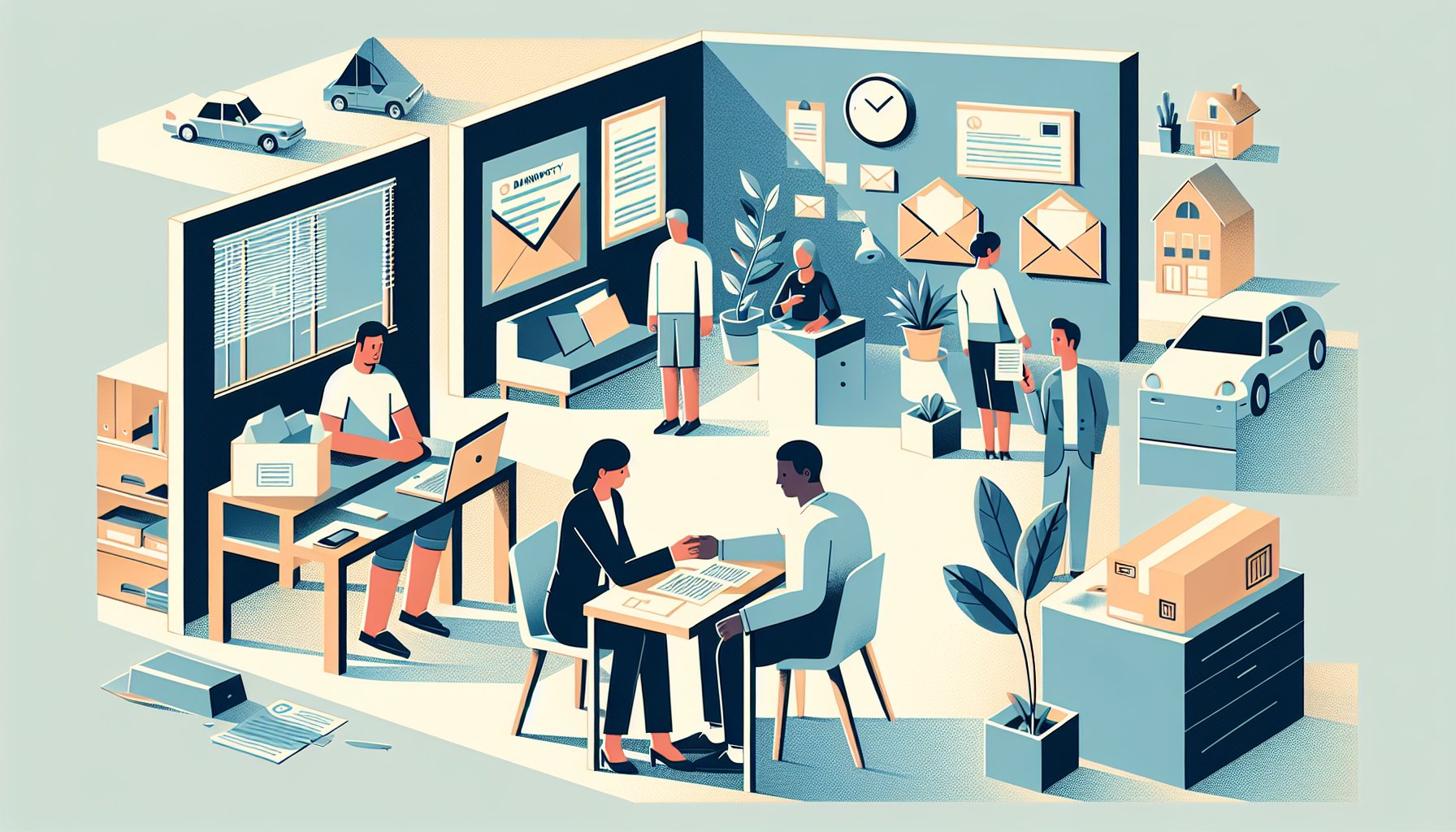 家族や職場、知人に生活変化から自己破産 ばれる のかを示すビジネスイラスト