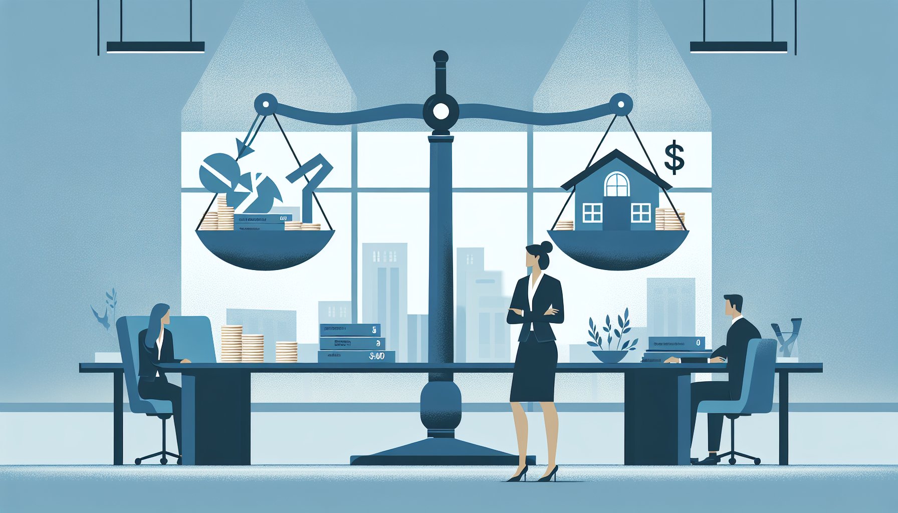 自己破産 と 個人再生 メリット デメリットを天秤で比較検討する大人と家計イメージ