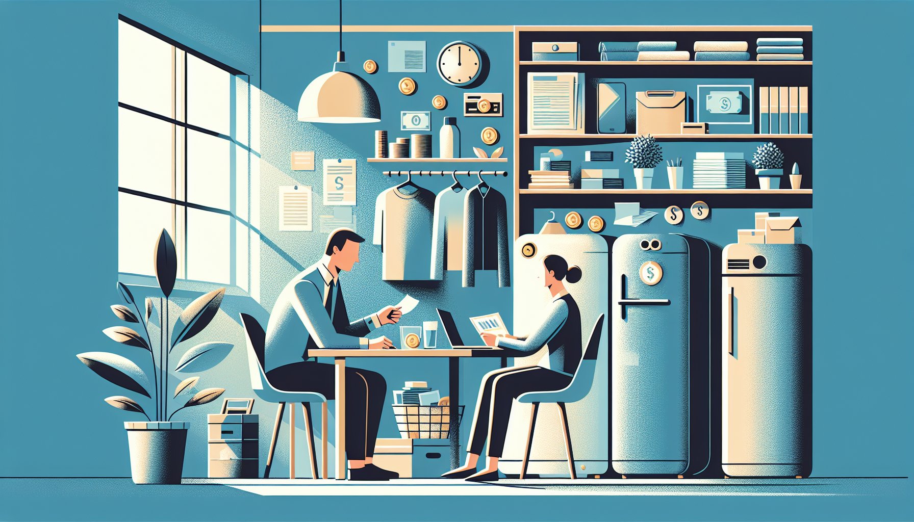 自己破産 財産 どうなるを解説する場面、最低限の生活必需品が守られ再出発する様子