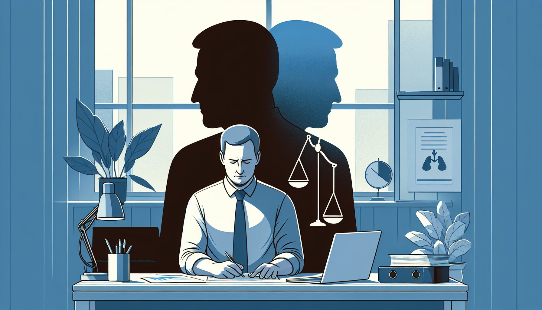 自己破産 会社 に ばれる不安を抱える会社員が職場で悩む様子を象徴的に表現