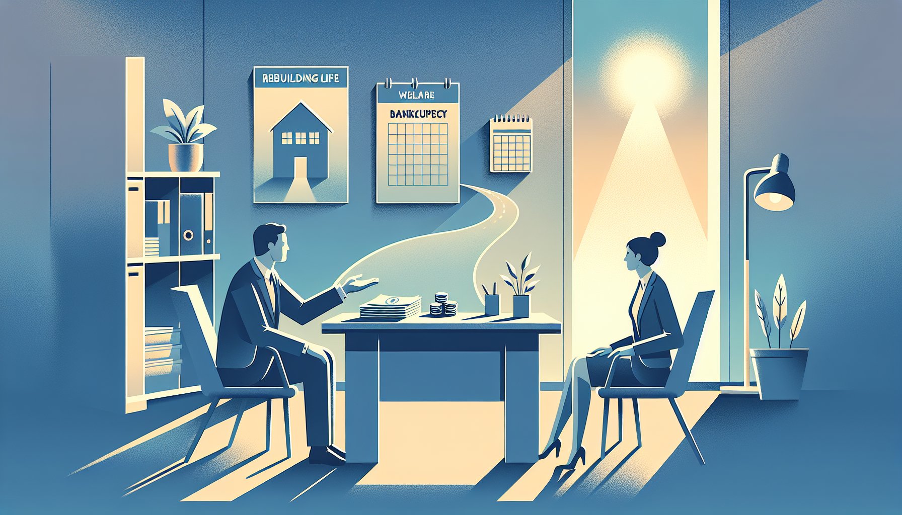 生活保護 受給中 自己破産 できる状況で相談する大人と生活再建の道筋を示すオフィス風景