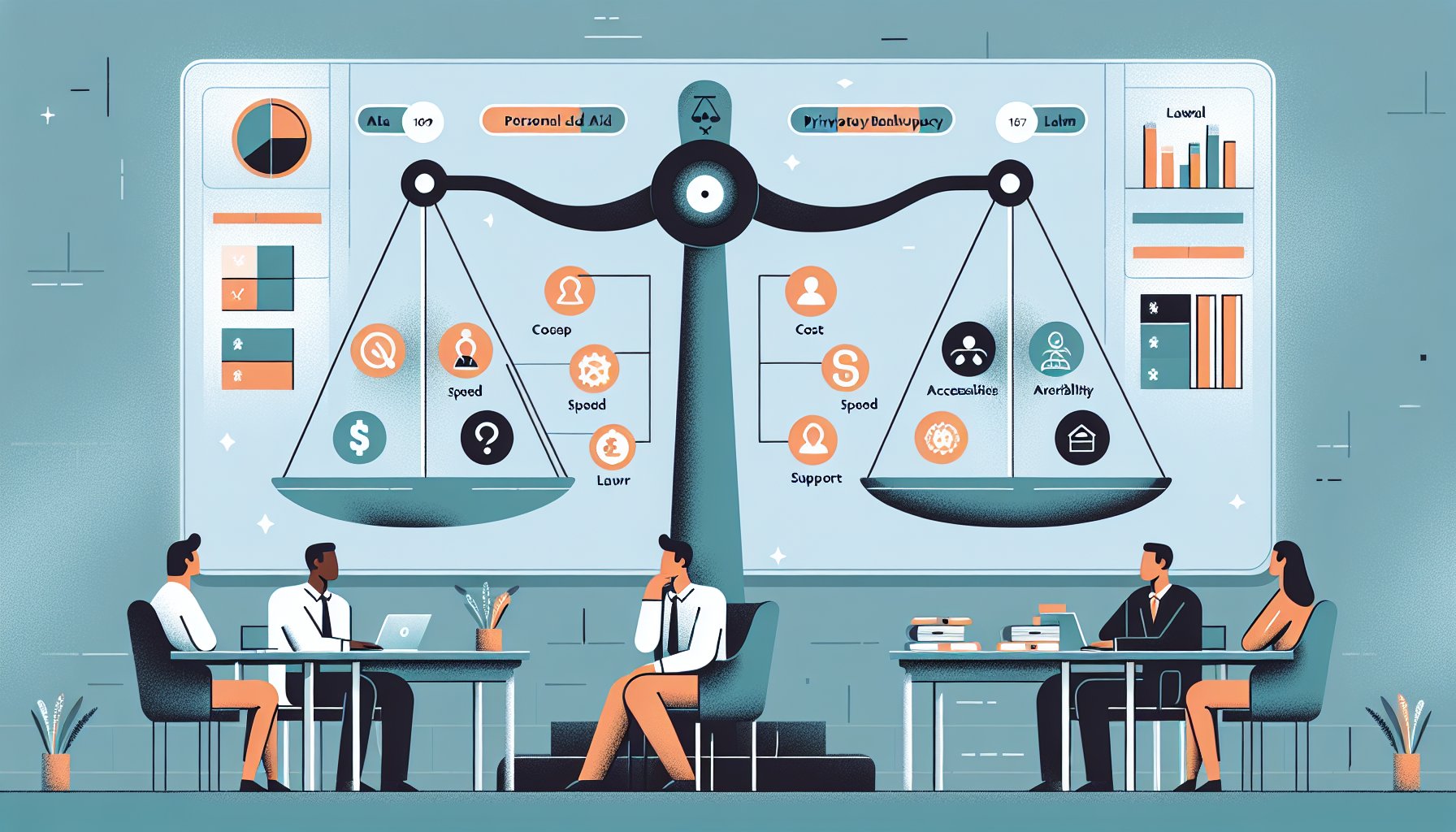 自己破産 法テラス 弁護士 比較のポイントを天秤で整理し冷静に検討する場面