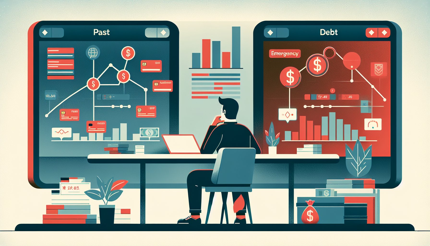自己破産 すると どうなるかを象徴し、借金過多の過去とバランスある将来家計を対比するイラスト