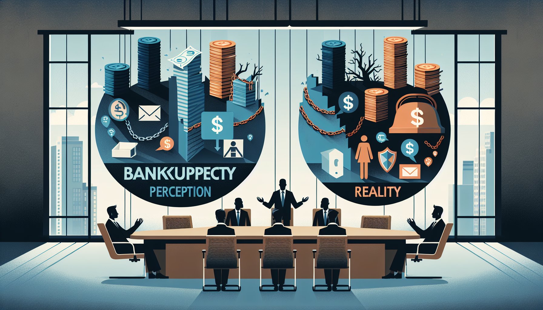 自己破産 すると どうなるの誤解と現実の違いを会議室で説明するビジネスイラスト