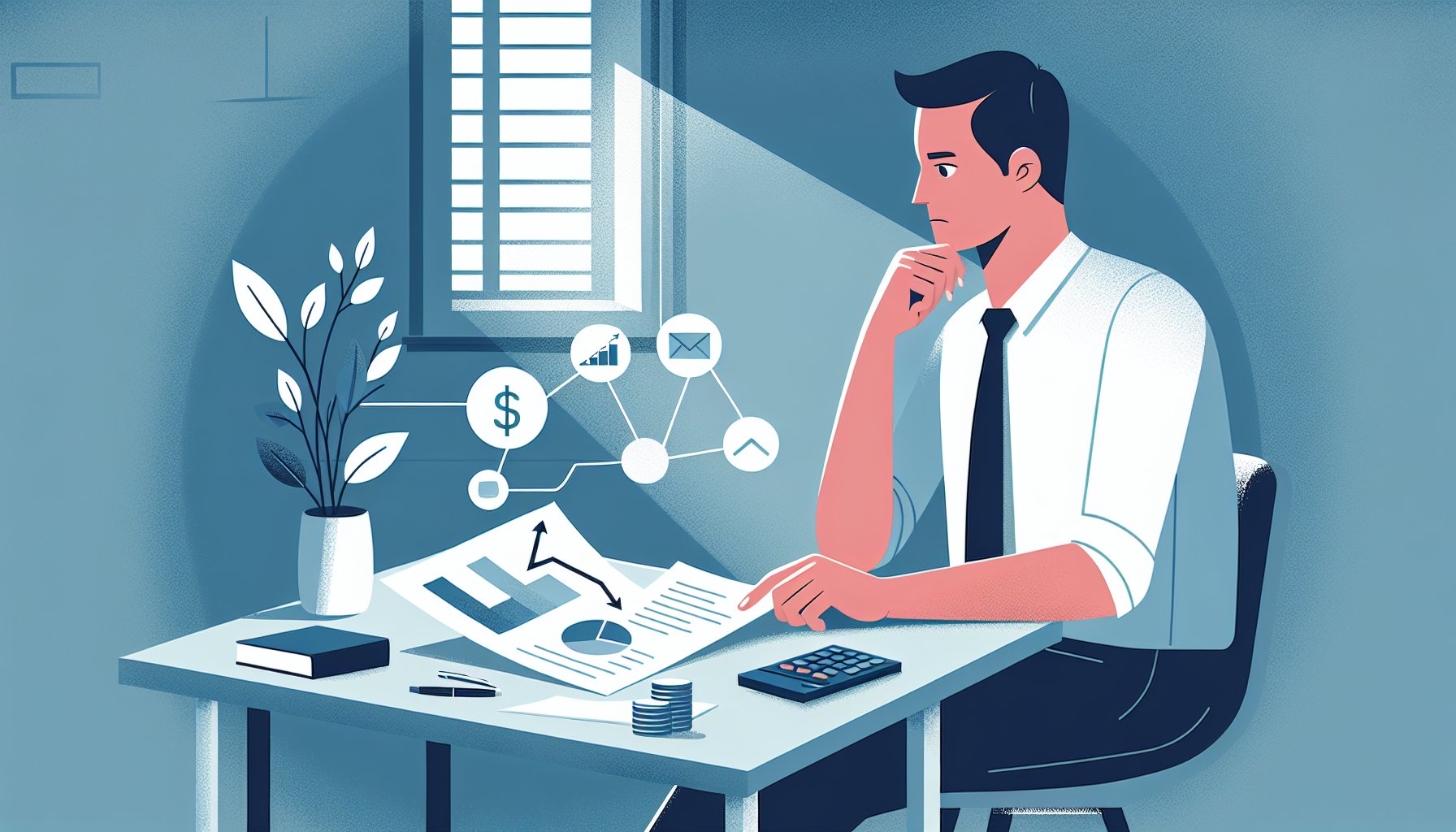 借金 返せない 時 どうするかを冷静に考え、デスクで家計や借金状況を見直すビジネスイラスト