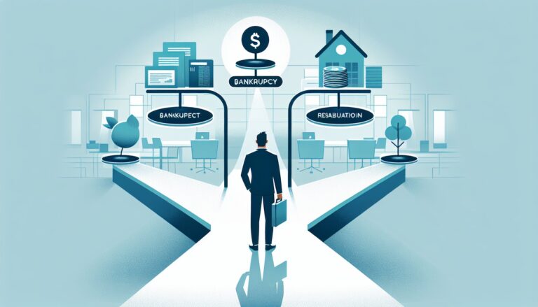 自己破産 個人再生 どっちを冷静に比較検討する成人が分かれ道に立つイラスト