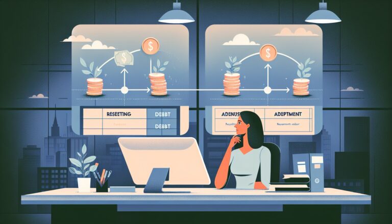 自己破産 任意整理 違いを比較し迷うビジネスパーソンがデスクで検討する様子